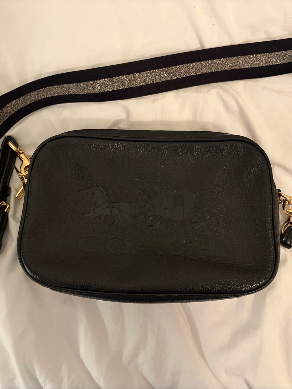 Coach Black Leather Crossbody with Striped Shoulder Strap and Gold Hardware